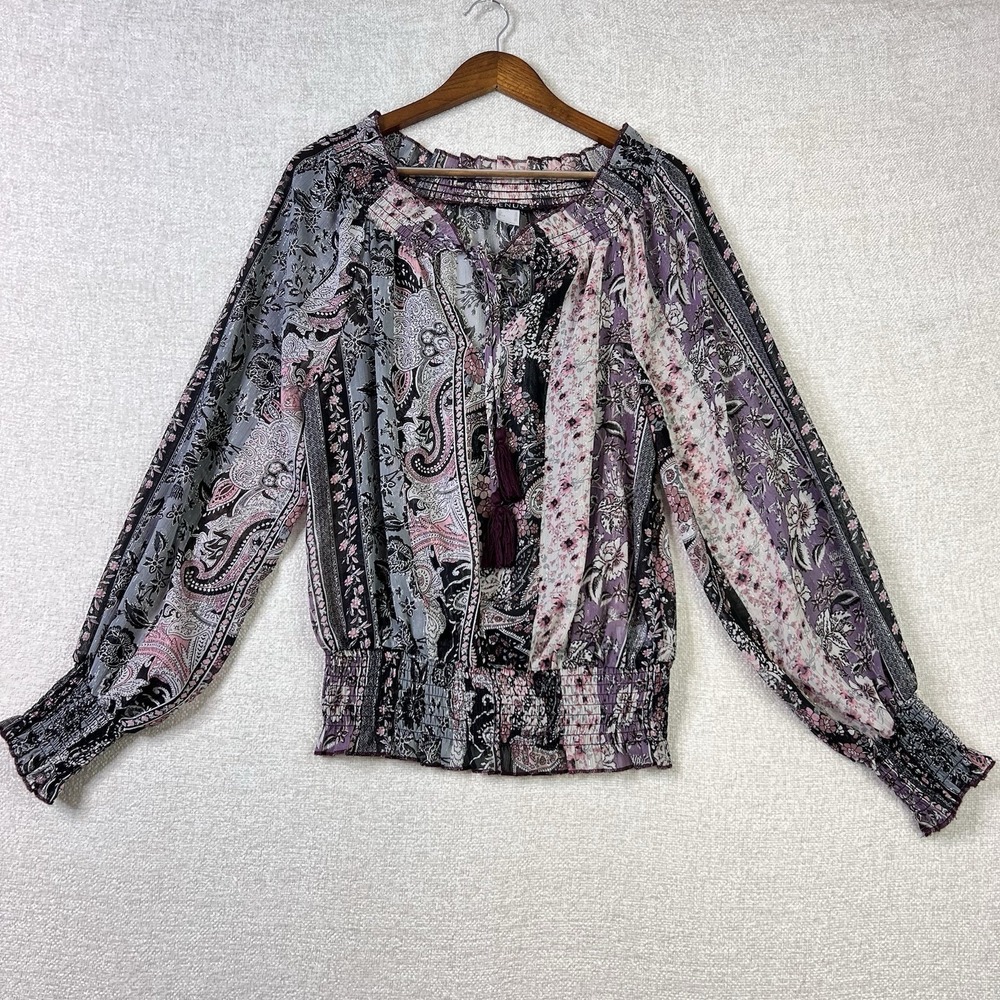 Festival Boho Peasant Paisley Top Smocked Bell Sleeve Eyelet Blue Pink Purple L